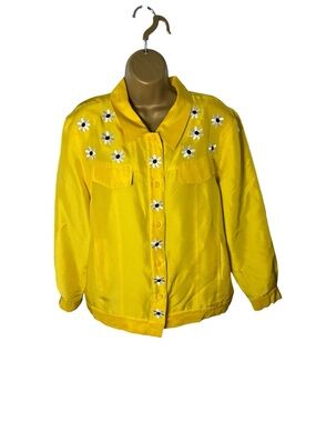 Vintage 90s Bob Mackie Floral Embroidered Silk Jacket Statement Yellow L